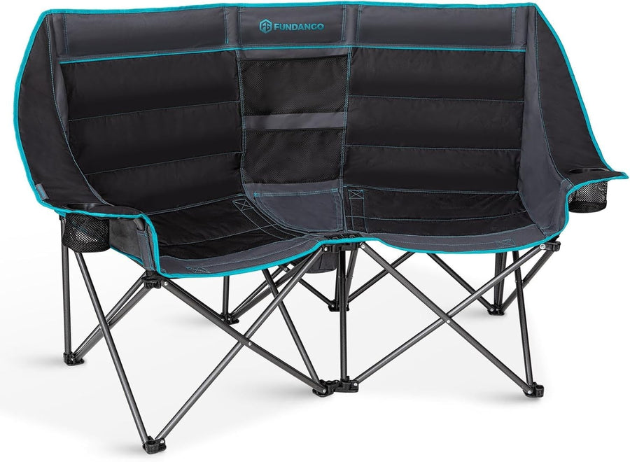 Double Camping Chair 2-Seater Foldable Sofa with Cooler Bag & Padded Seat