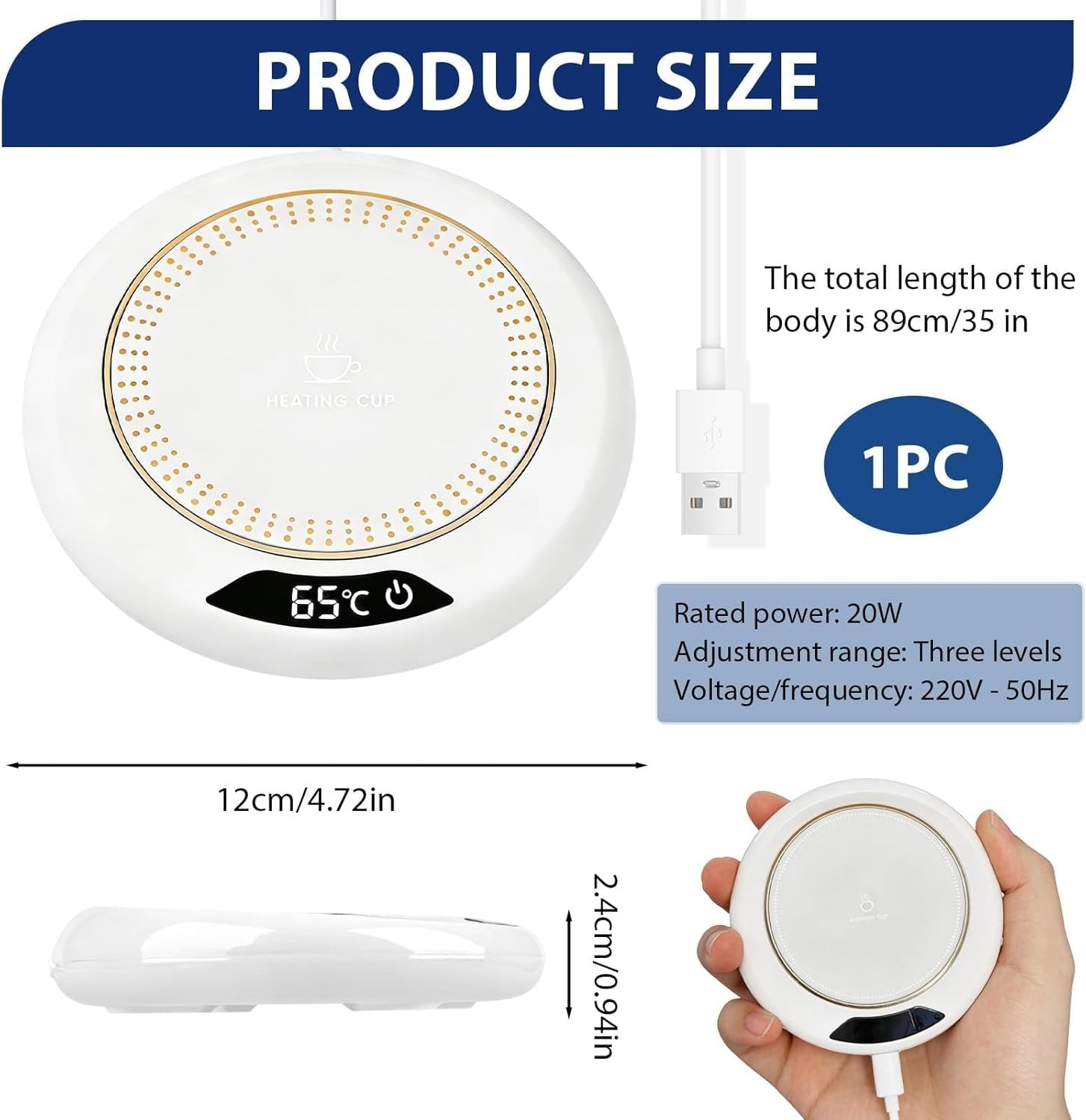 White USB Coffee Mug Warmer 3 Temp LED Desk Cup Heater