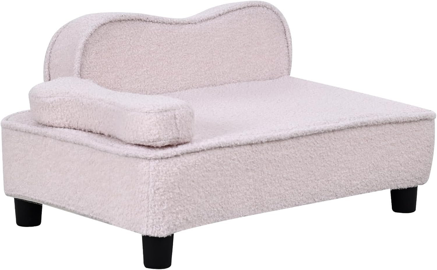 Pet Sofa Bed Teddy Velvet Dog Cat Couch w Wood Base Beige