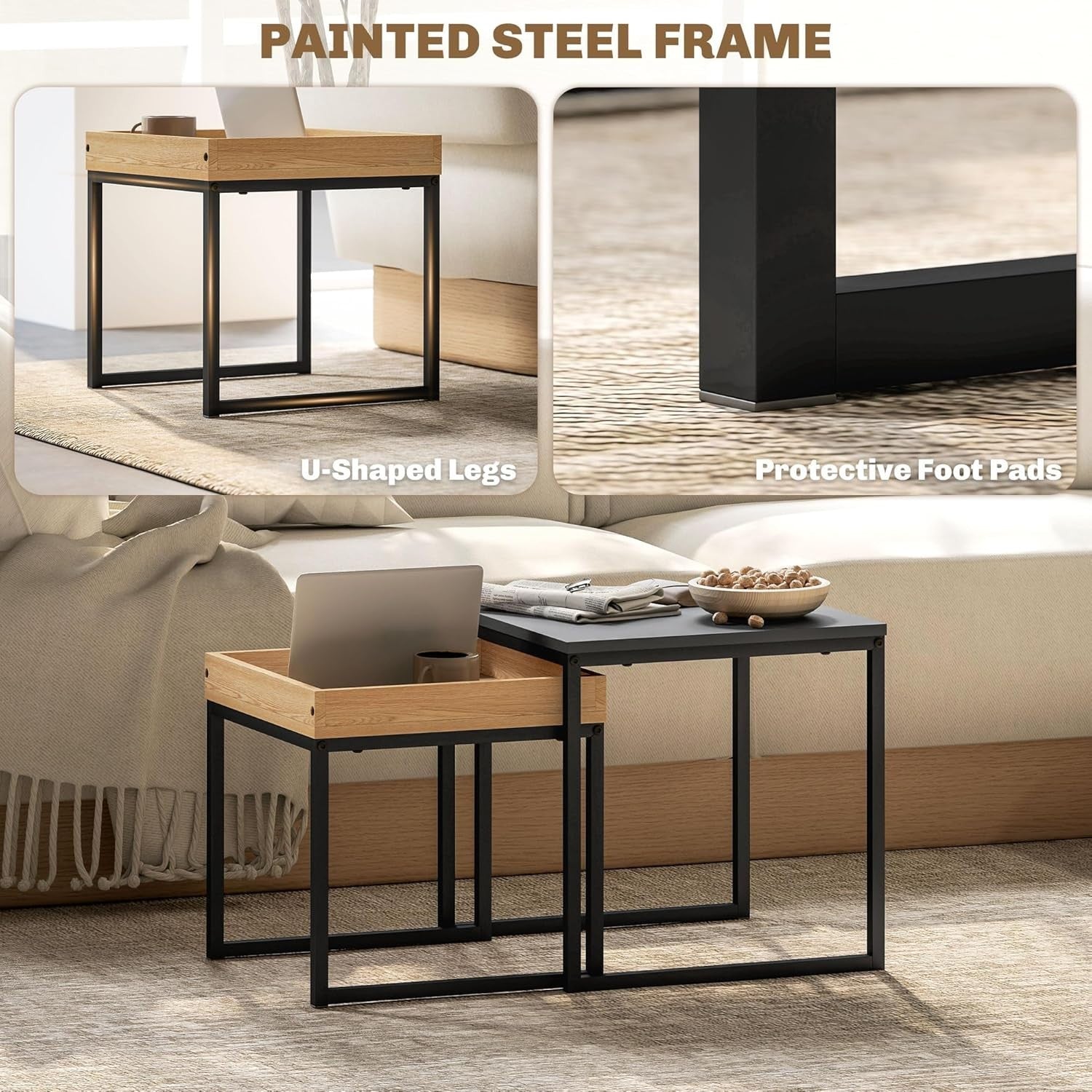 Square Nesting Coffee Side Tables Set, Black & Wood Effect, Steel Frame 30kg Max