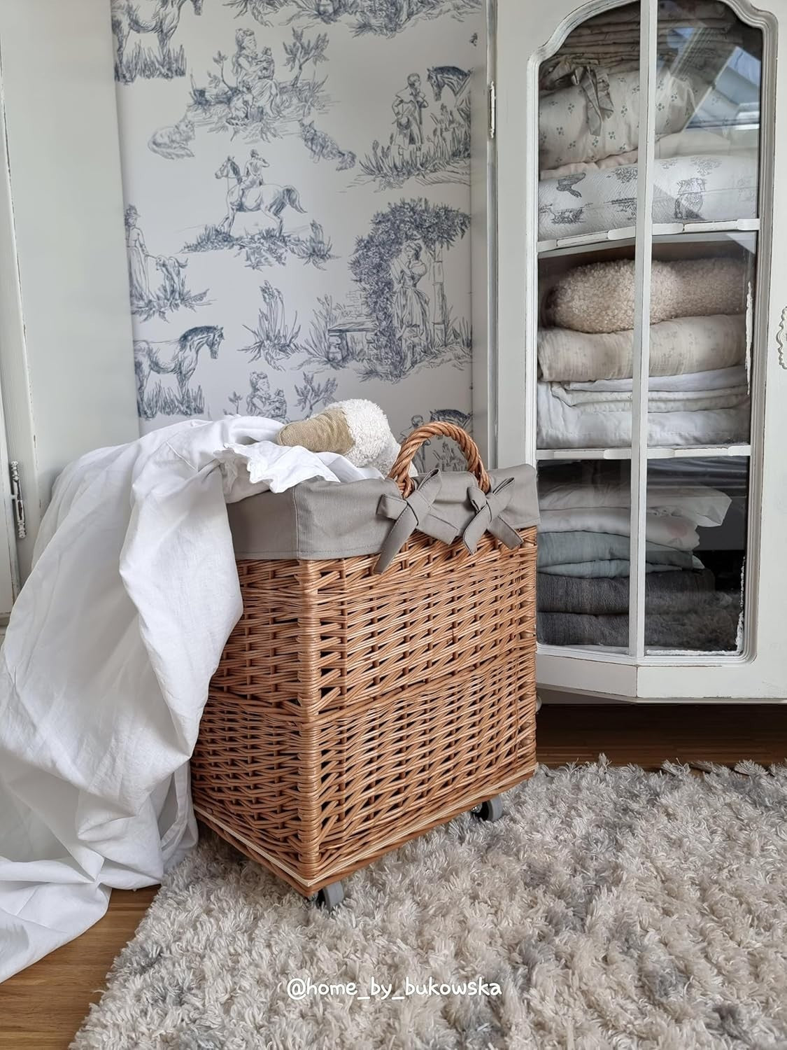 Wicker Log Basket on Wheels Rustic Wood Holder Toy Box Indoor Storage
