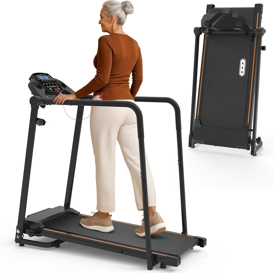 Foldable Walking Treadmill for Seniors 300lbs with Handrails & LED Display