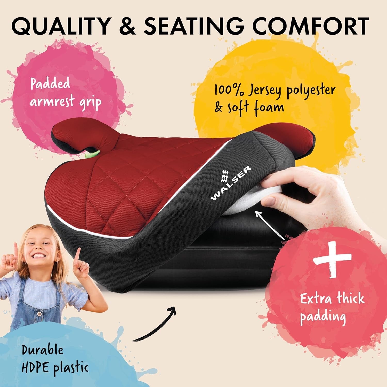 Child Booster Seat 125–150cm R129 Padded Kids Car Seat Red Black