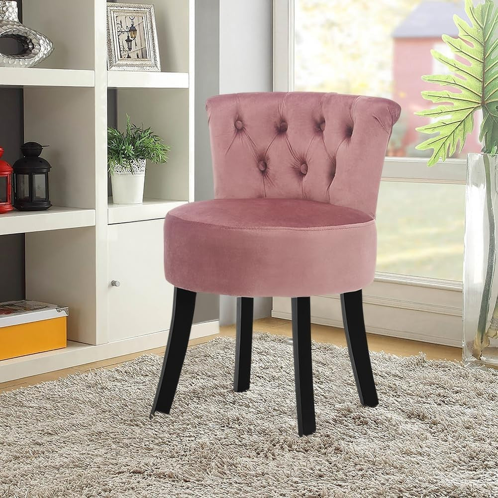 Pink Velvet High-Back Vanity Chair – Wooden Leg Dressing Table Stool