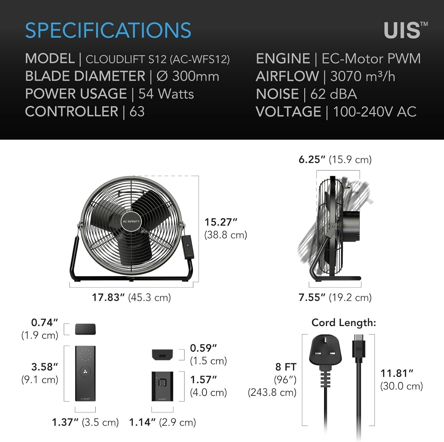12" Industrial Wall Fan 10-Speed Remote Control Quiet 100W Air Circulation Black