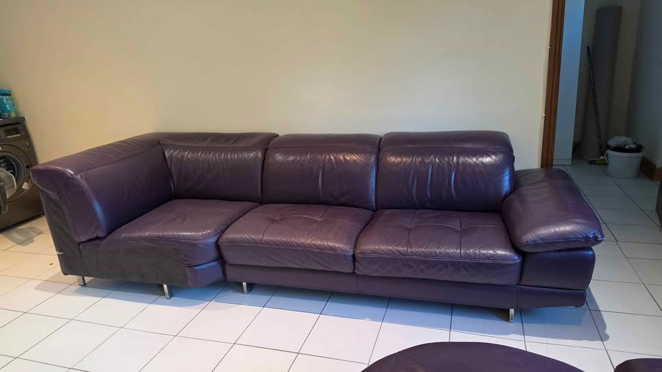 Large Purple Leather Corner Sofa + Footstool (PTP)