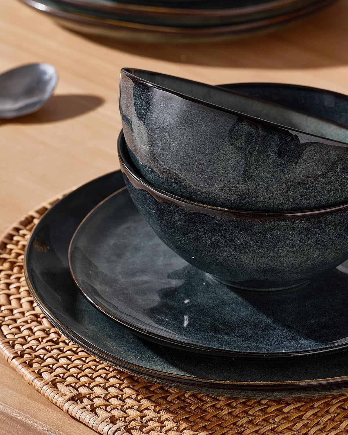 12pc Stoneware Dinnerware Set Plates Bowls Dark Green Service for 4