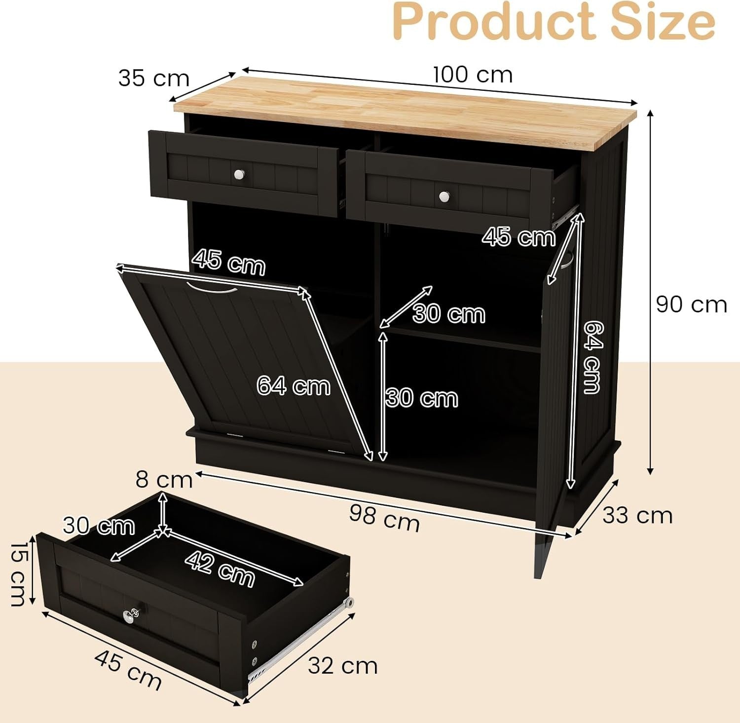 Modern Kitchen Sideboard with Tilt-Out Trash Bin Cabinet & Storage Drawers Brown