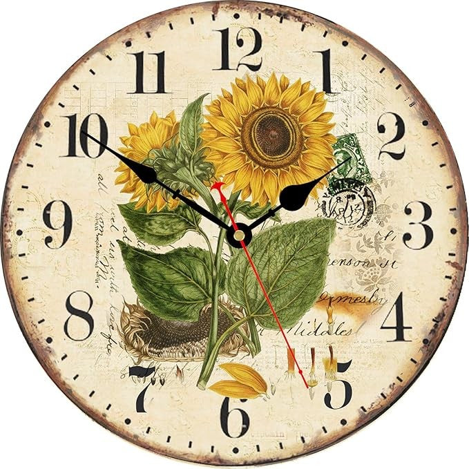14 Sunflower Floral Wall Clock Rustic Vintage Silent Non-Ticking Easy Read Decor