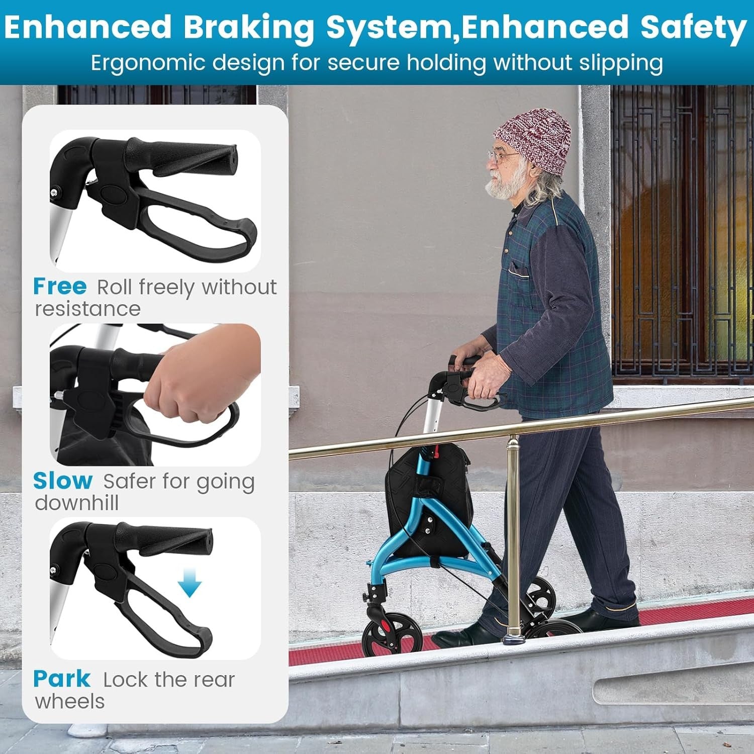 3 Wheel Folding Rollator Walker Lightweight Adjustable Mobility Aid with Brakes