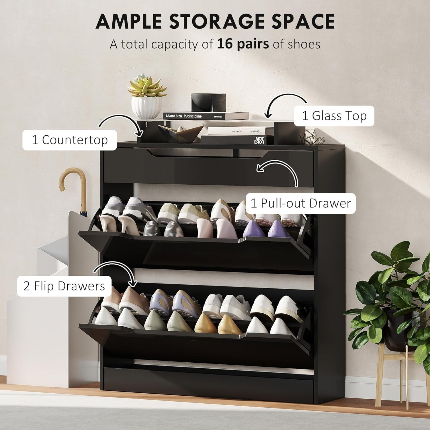Modern Shoe Storage Cabinet – 2 Flip Doors, Drawer & Glass Top, Holds 16 Pairs