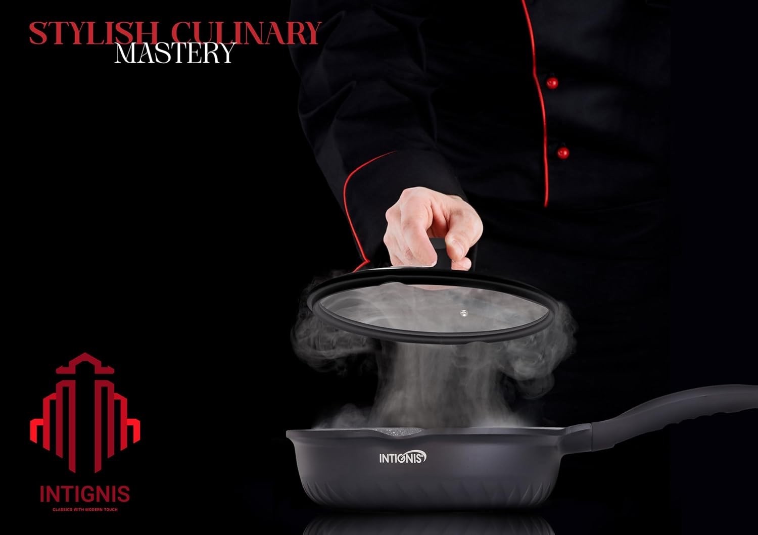 24cm Black Deep Non Stick Frying Pan with Lid  3in1 Skillet Sauté Pan & Mini Wok