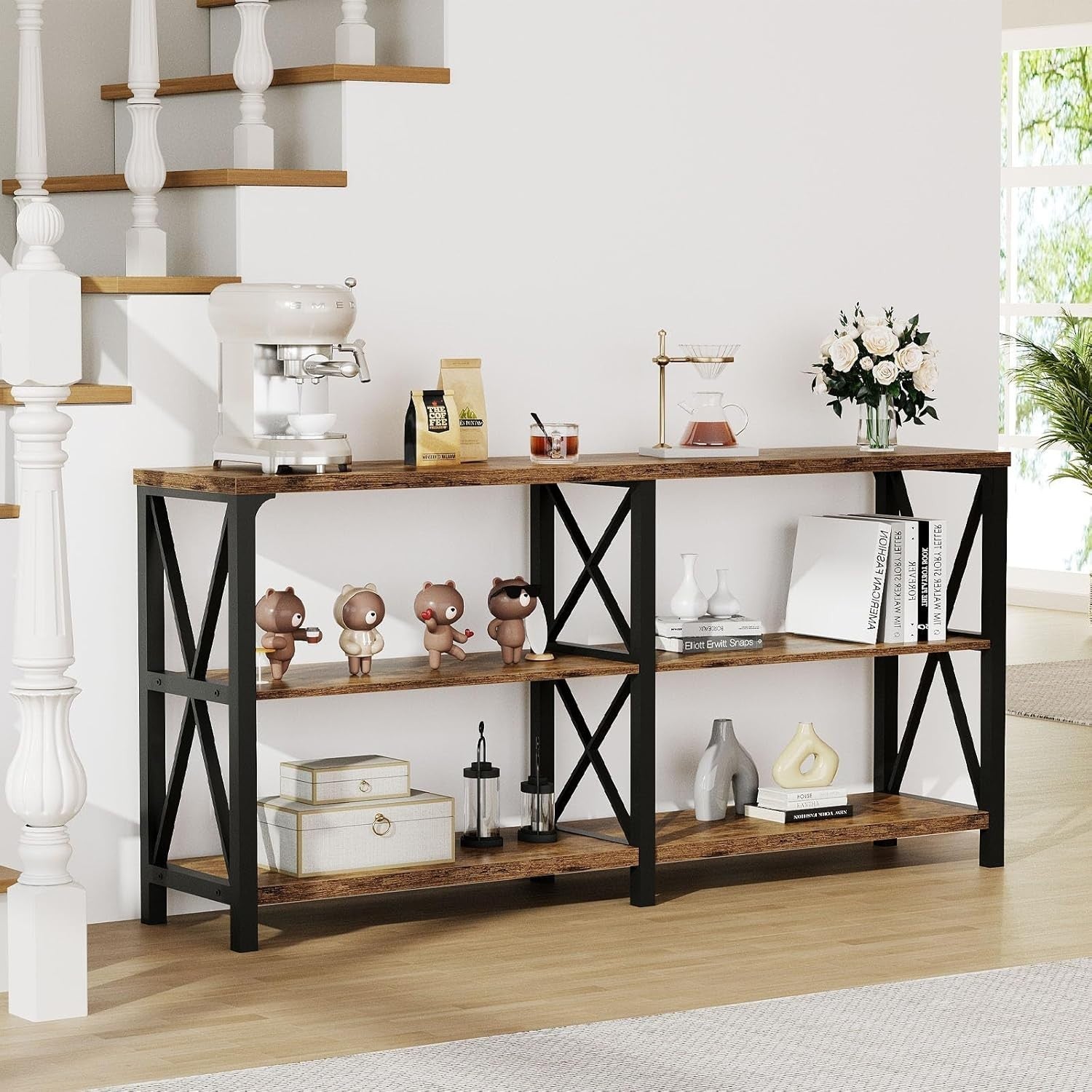 Rustic Wood Console Table Sofa Entryway Desk w/ Shelves 63" Storage