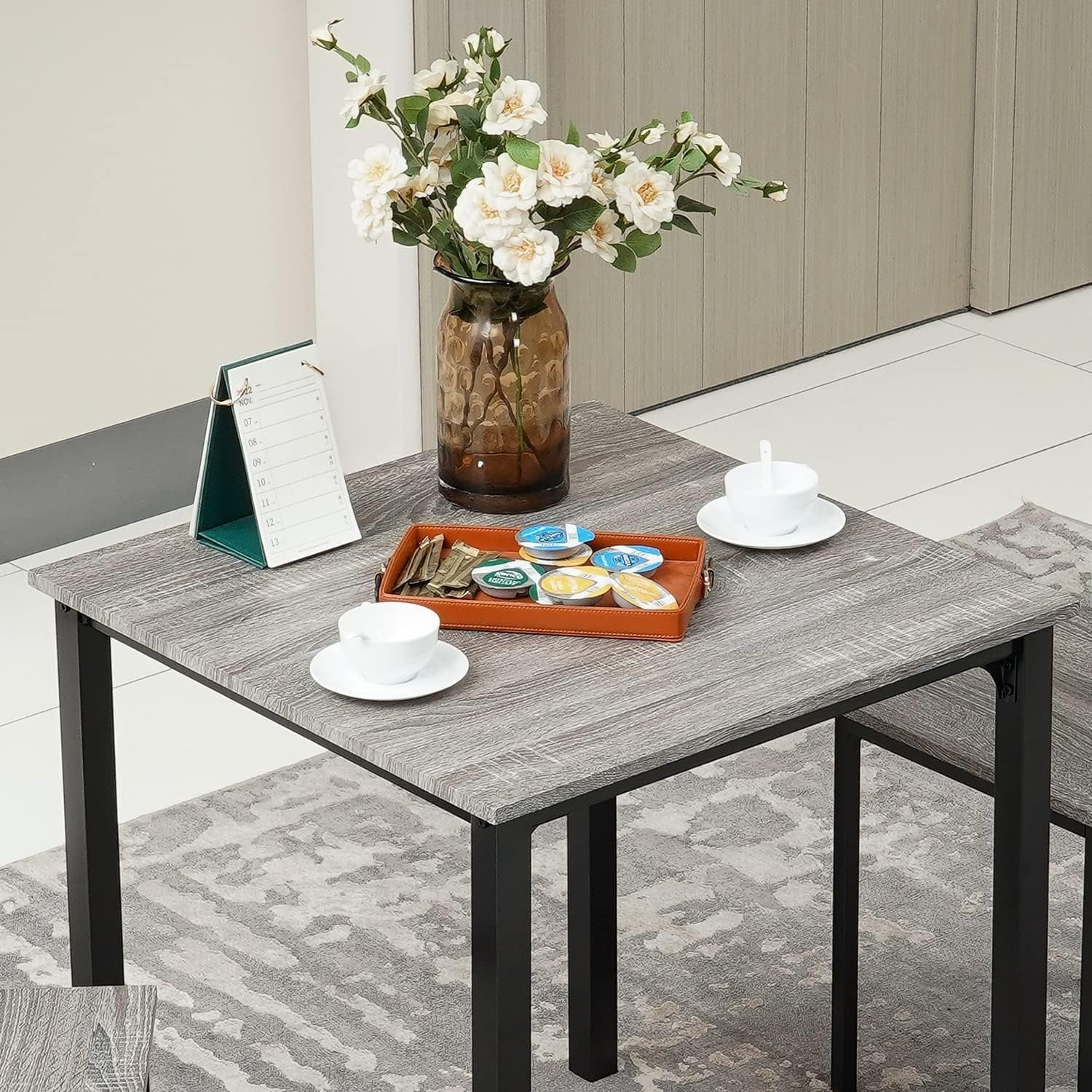 3 Piece Small Dining Table Set w/ 2 Chairs | Grey Wood Effect, Space Saver