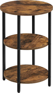 Round 3-Tier Side Table Rustic Brown Black Steel Frame Small Coffee End Table