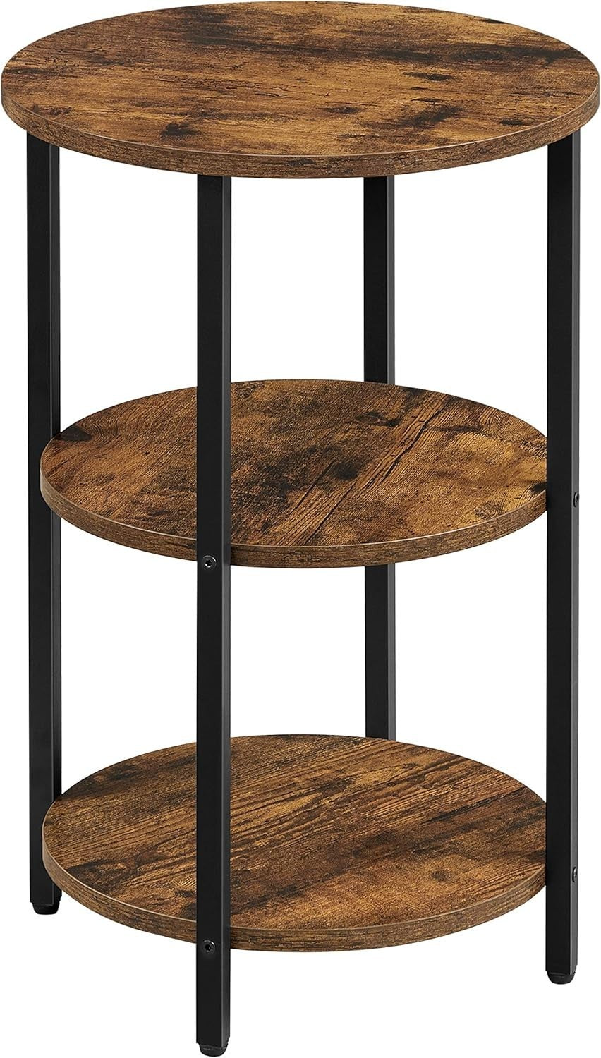 Round 3-Tier Side Table Rustic Brown Black Steel Frame Small Coffee End Table