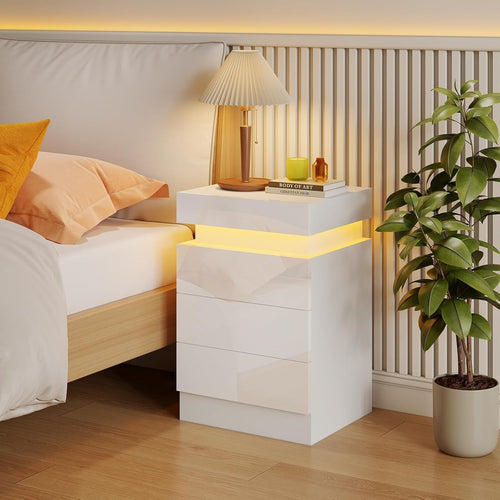 Modern Gloss White Bedside Cabinet with LED Lights, USB Charging Ports