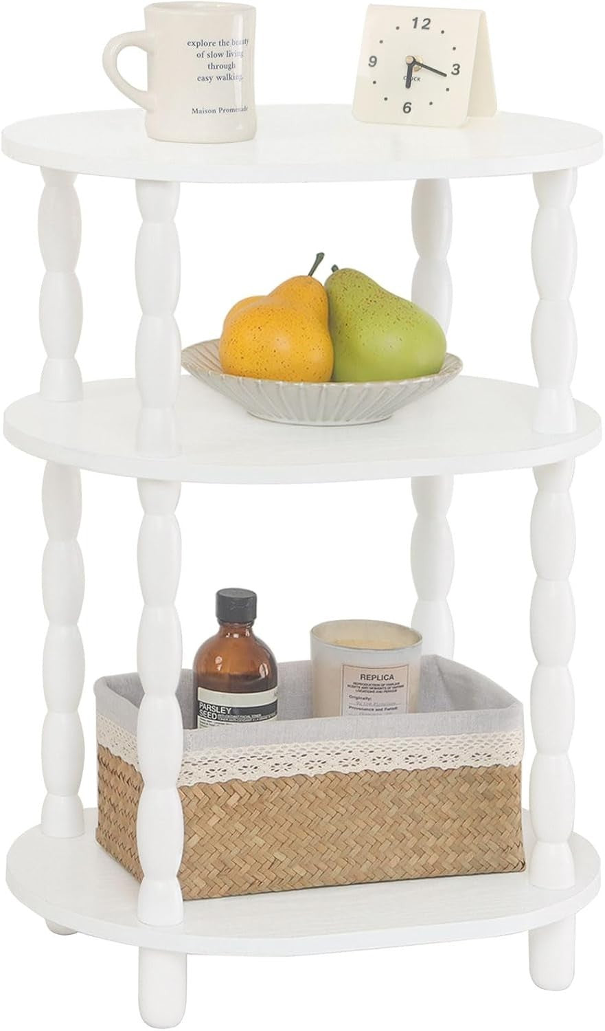 3-Tier Oval Side Table White, Compact Modern End Table with Storage Shelves