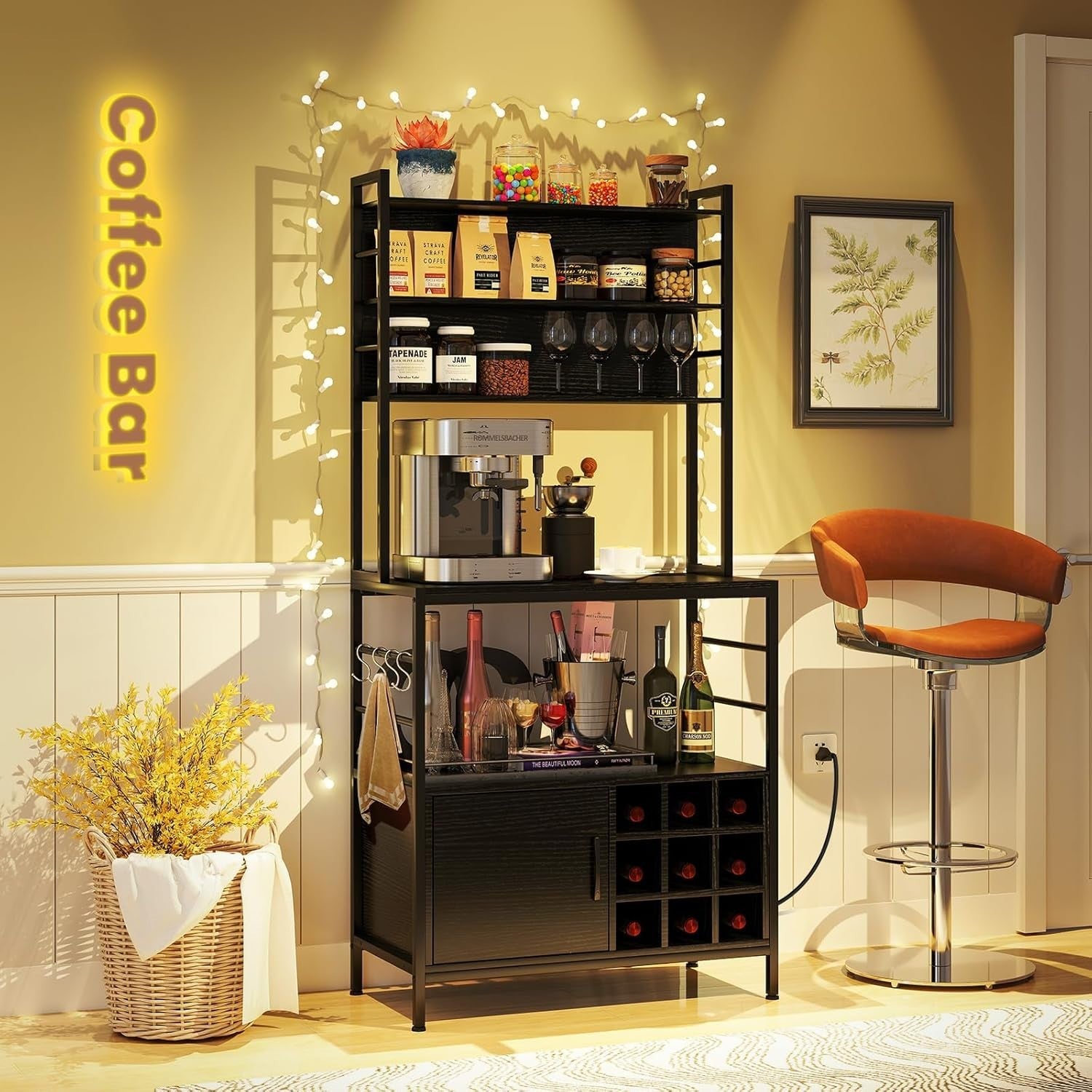 Kitchen Baker’s Rack Wine Bar Cabinet with Power Outlets, Microwave Stand