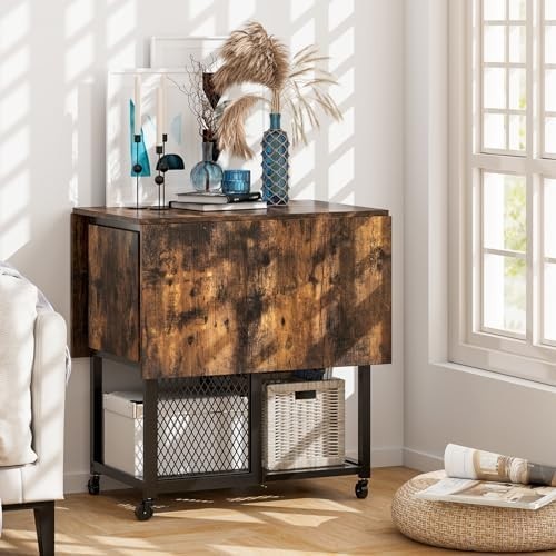 Folding Drop Leaf Dining Table Set with Stools Storage Shelves on Wheels