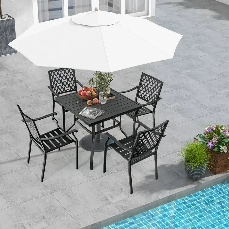 5-Piece Metal Patio Dining Set – Stackable Chairs & Slatted Table w/ Umbrella Ho