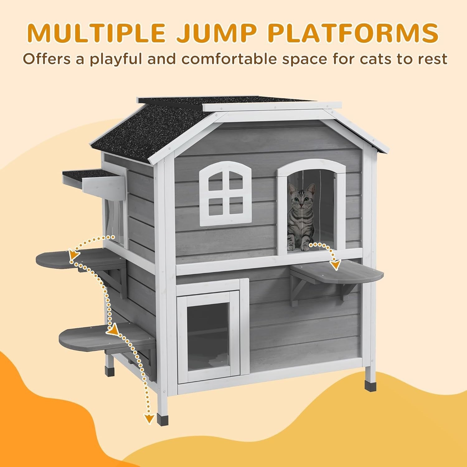 Large Outdoor Wooden Cat House Two-Story Shelter 91x78x55.5cm Durable