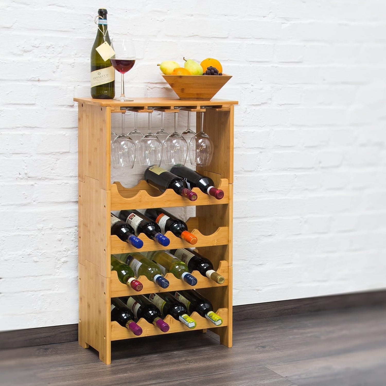 Bamboo Wine Rack with Glass Holder Shelf | Holds 16 Bottles & 12 Glasses