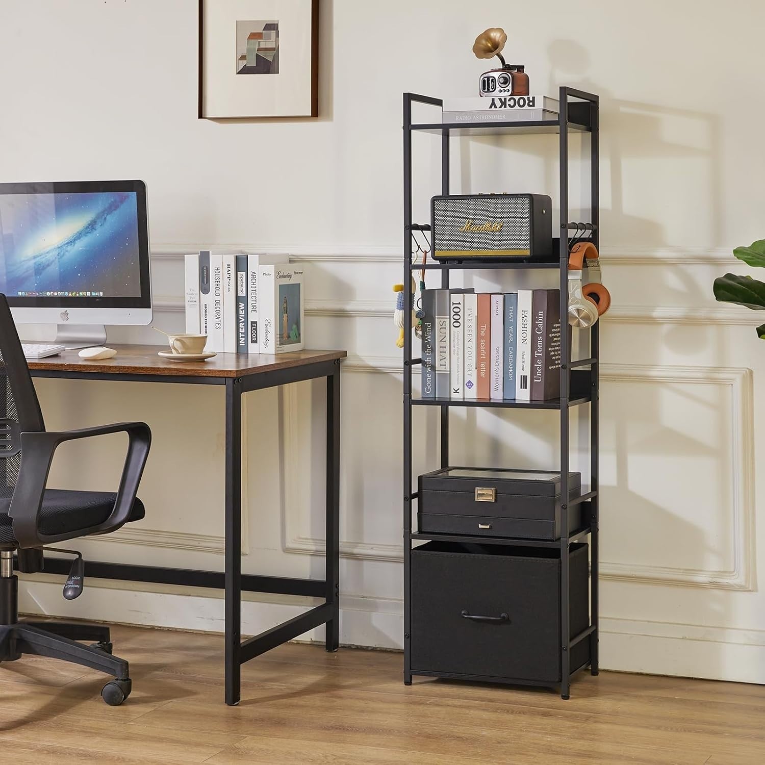 5 Tier Ladder Shelf with Fabric Drawer Industrial Metal Frame Bookcase Black
