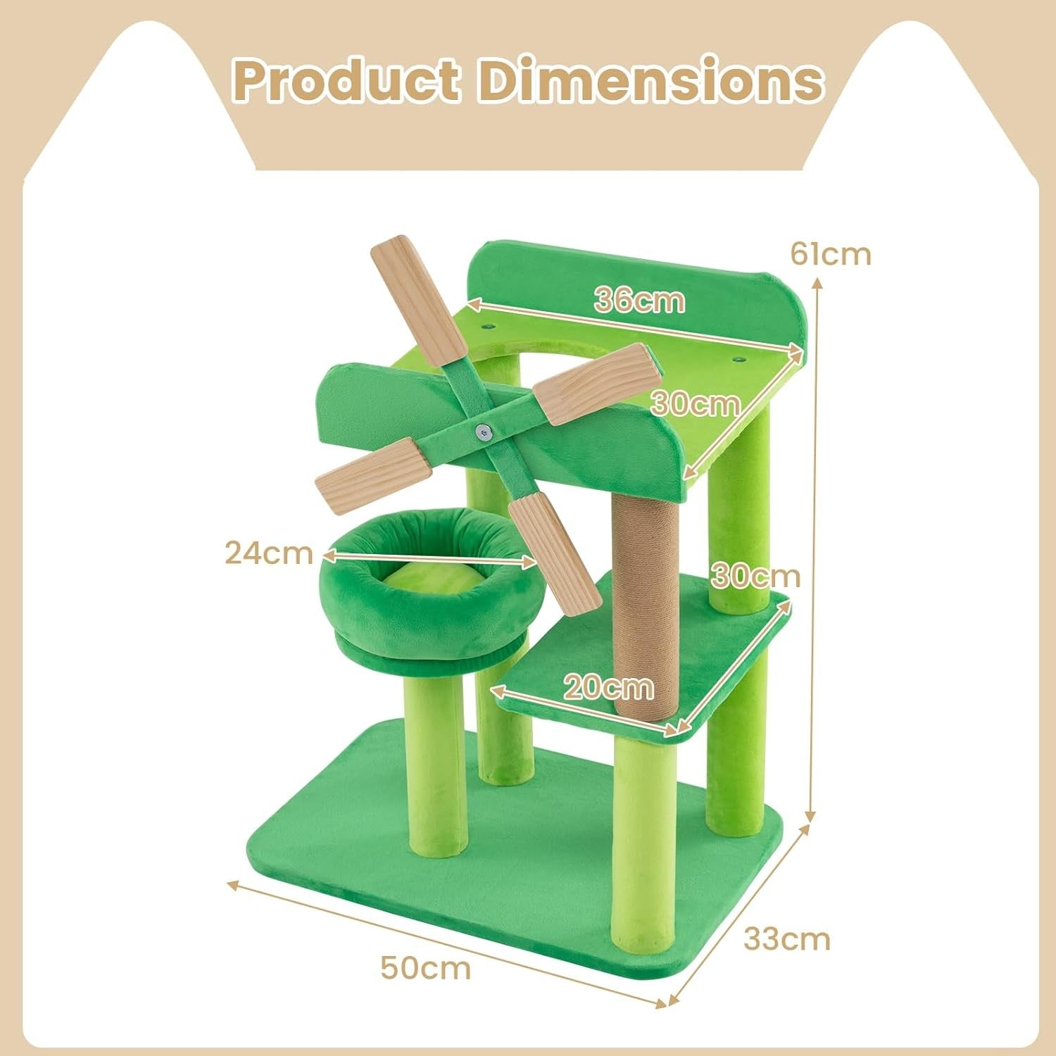 Green Windmill Cat Tree Multi-Level Scratching Tower Indoor Activity Center