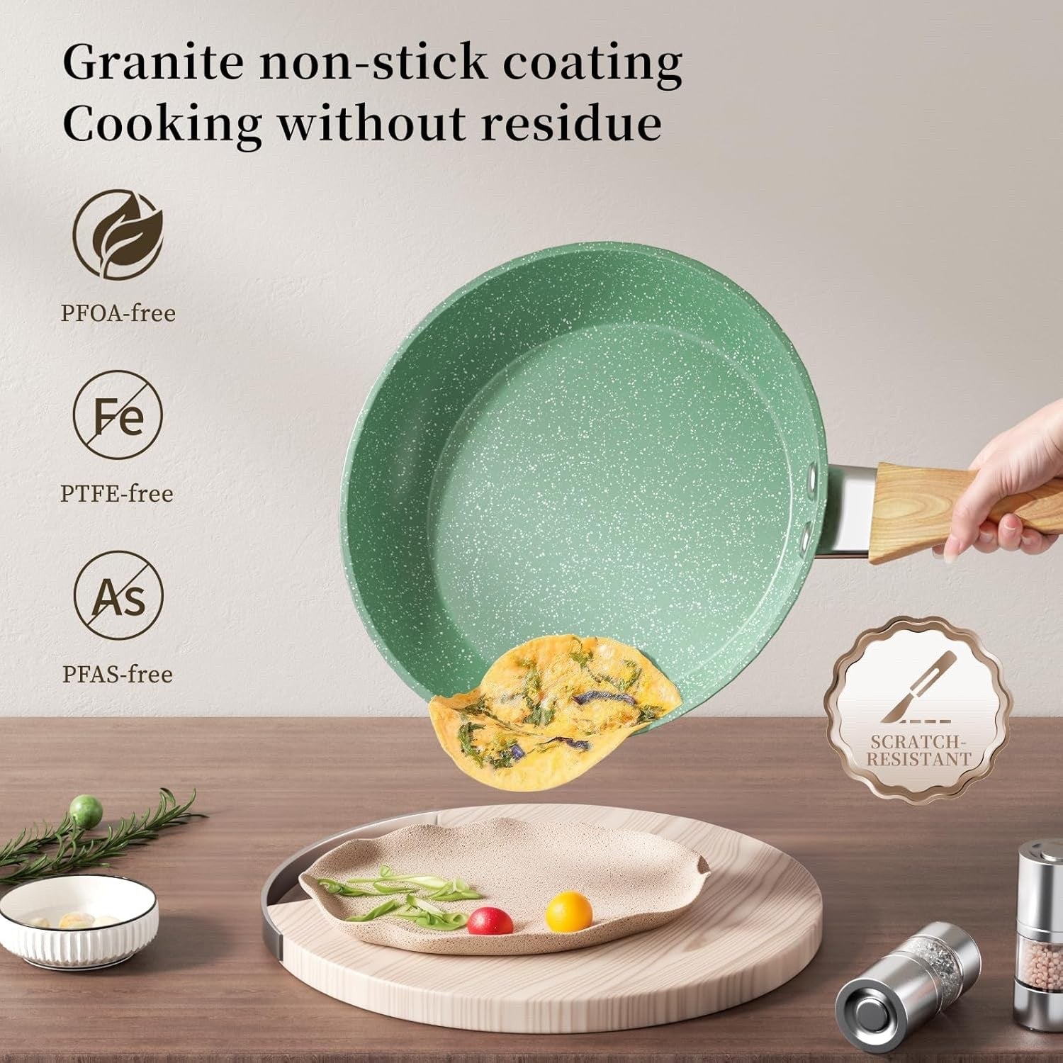 20cm Green Non Stick Frying Pan Induction Ready Granite Coating PFOA-Free