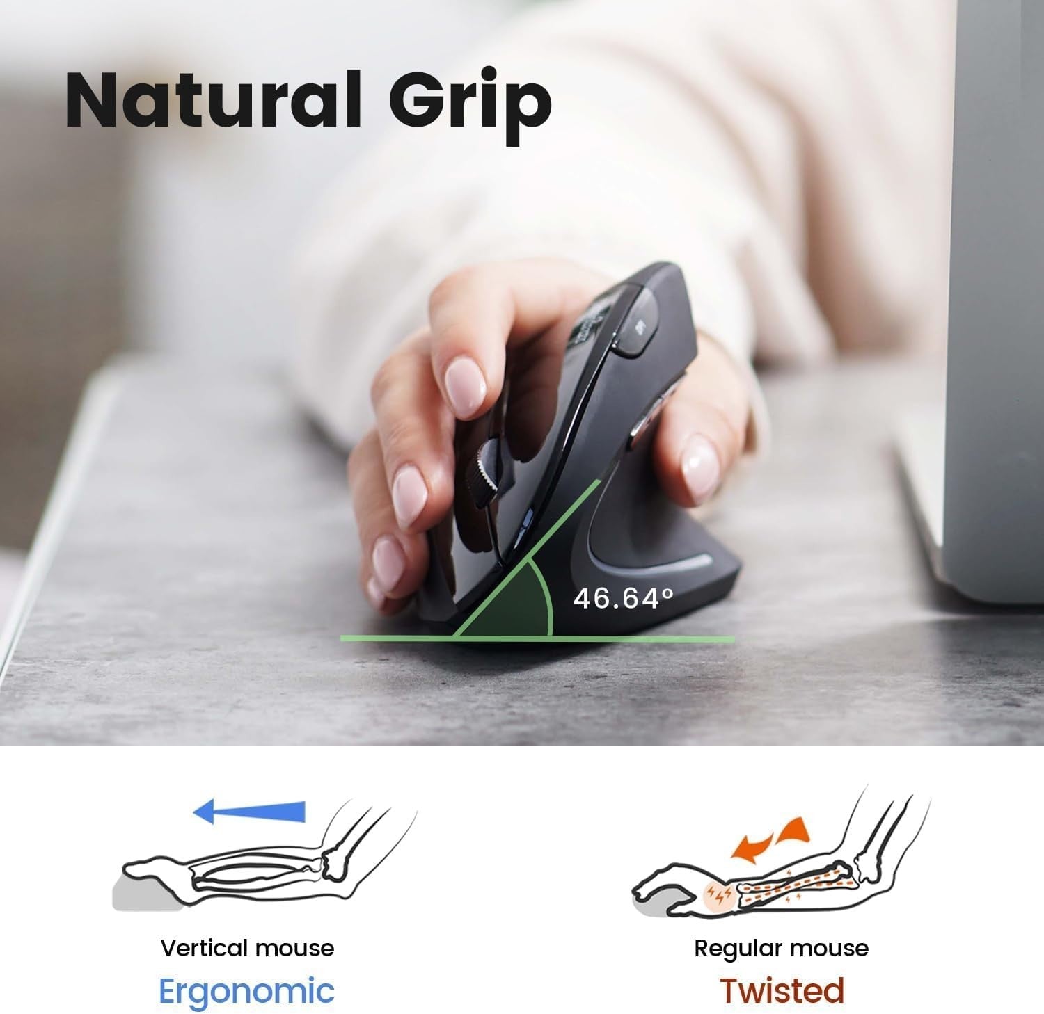 Bluetooth Vertical Ergonomic Mouse 3 Device Wireless 46.6° Grip