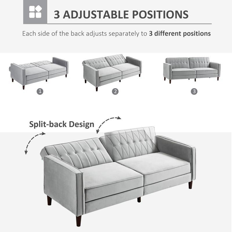 3 Seater Velvet Sofa Bed Light Grey Click Clack Couch Split Back Guest Bed
