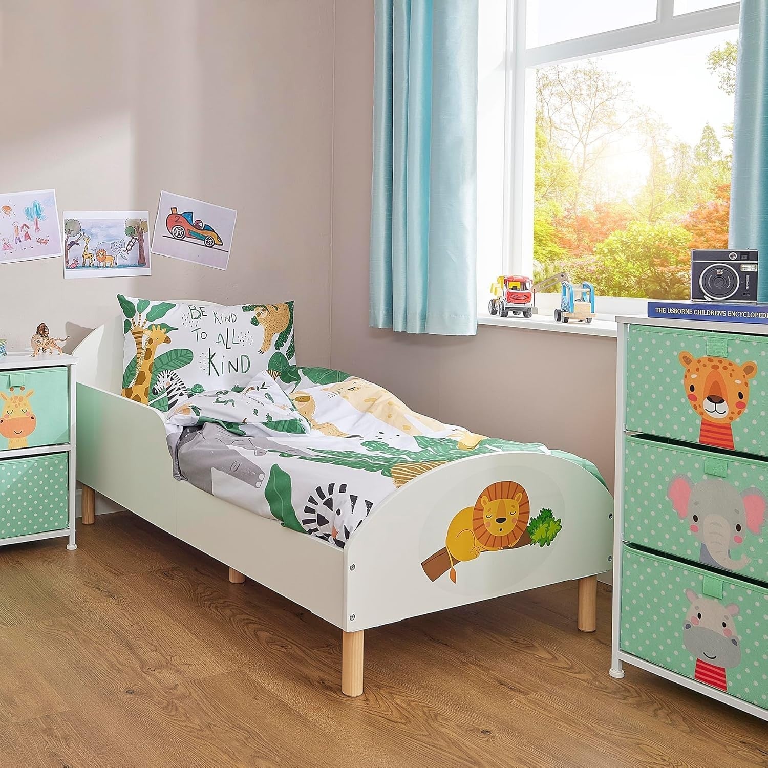 Toddler Bed with Lion Design – Kids Wooden Frame, Safe & Low, 144x74x68cm