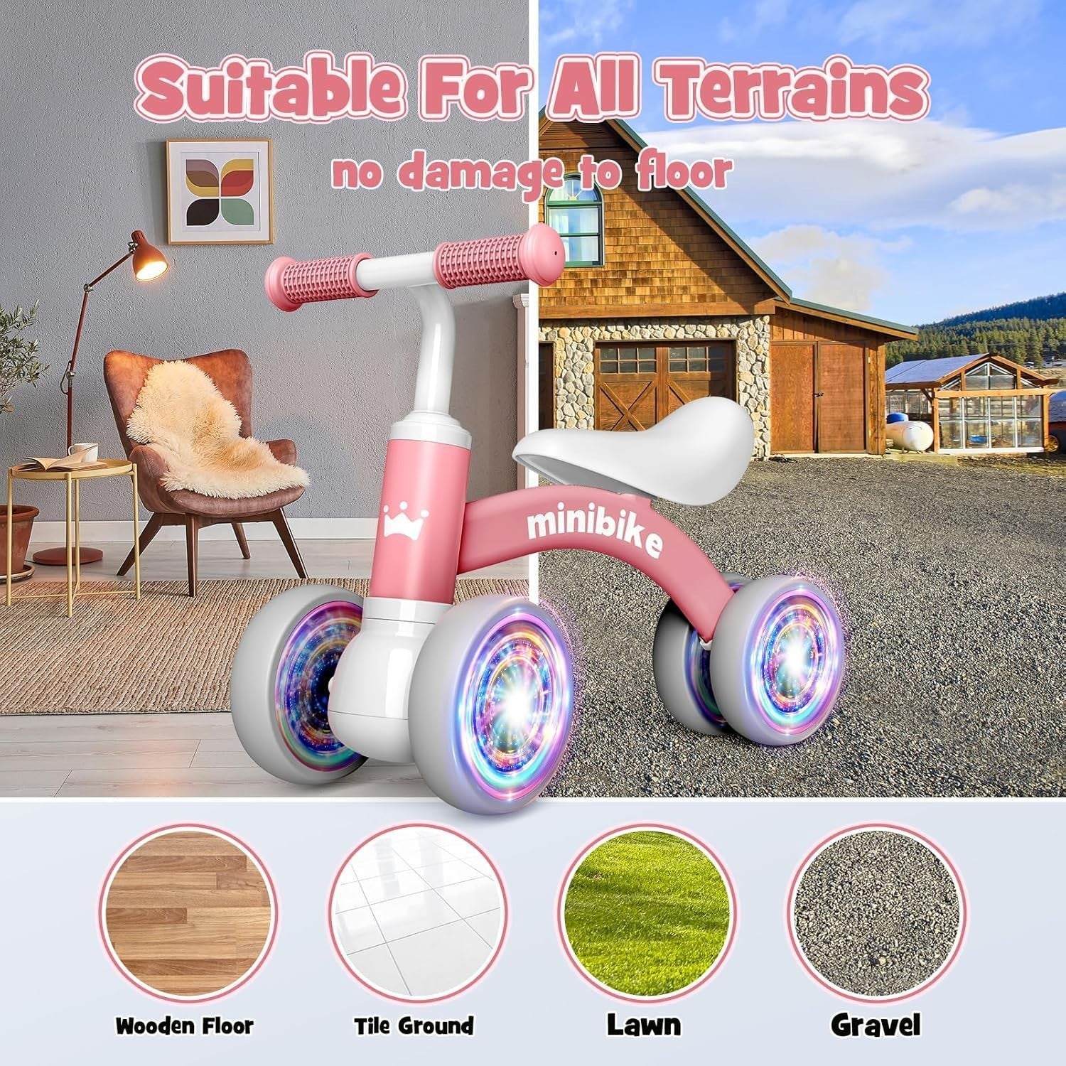 Baby Balance Bike LED Light Wheels Toddler Ride On Toy Girls 1-3 Years