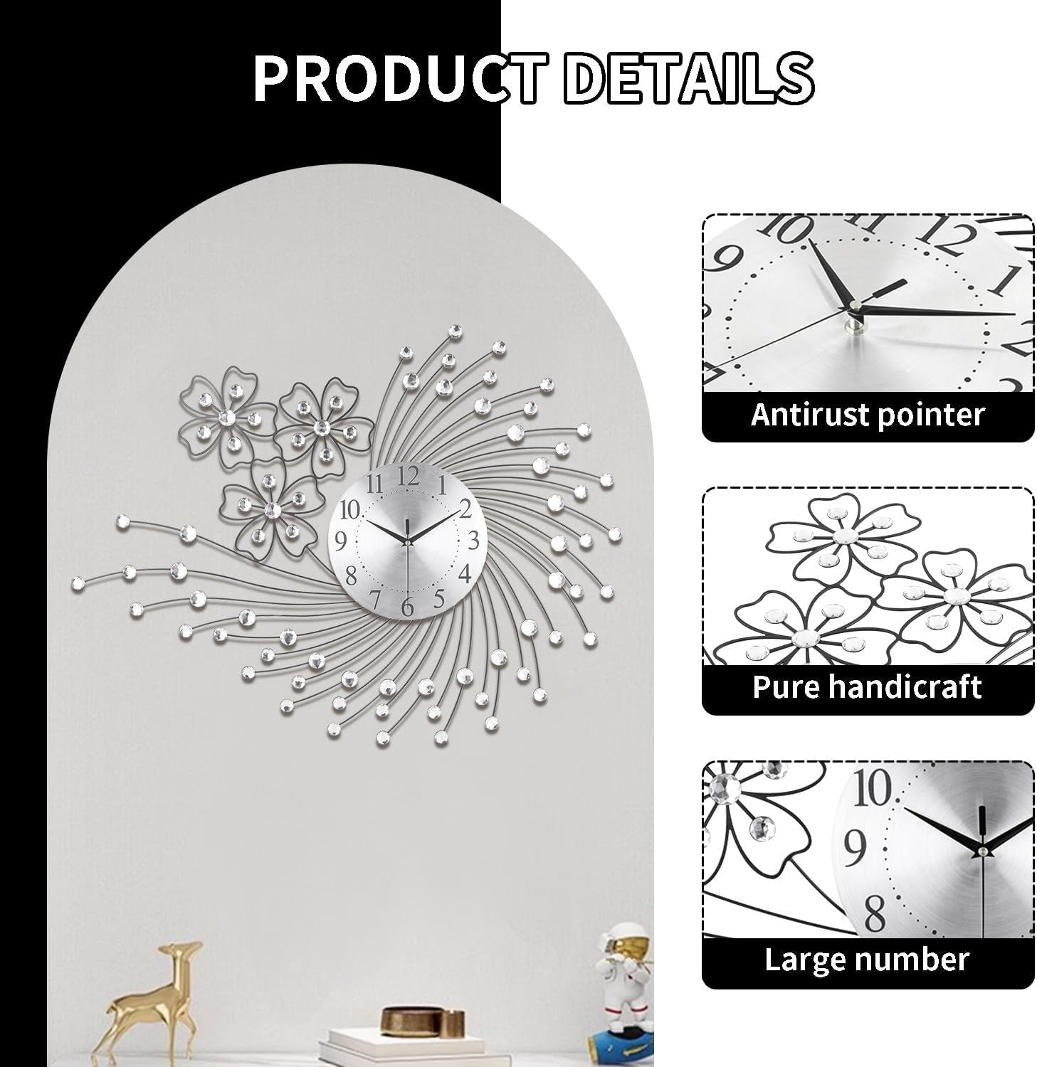83×63cm Large Silver Wall Clock – Silent Quartz Modern Oversized Art Design
