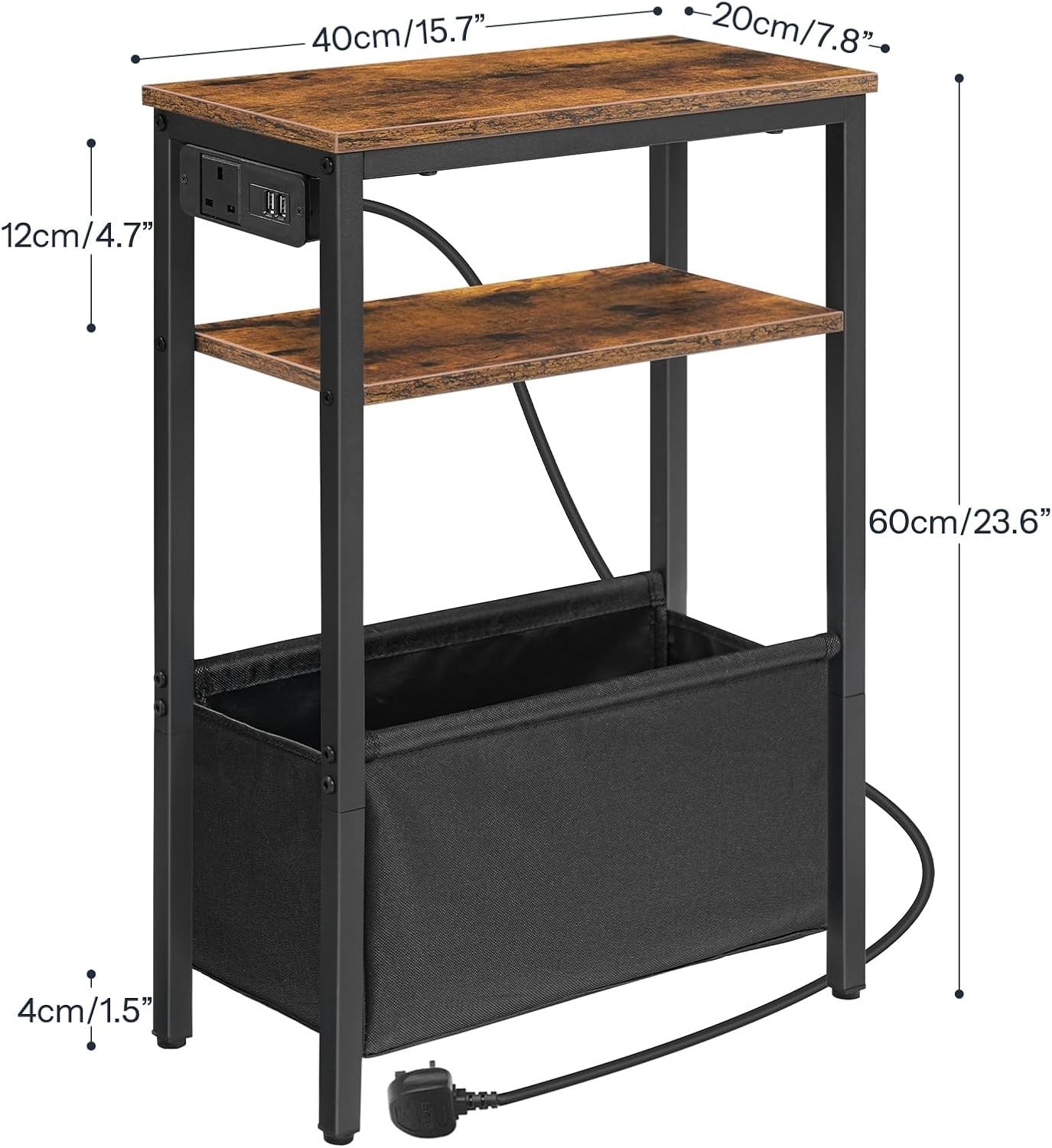 Slim Charging Side Table with USB Ports & Power Outlet, Rustic Storage