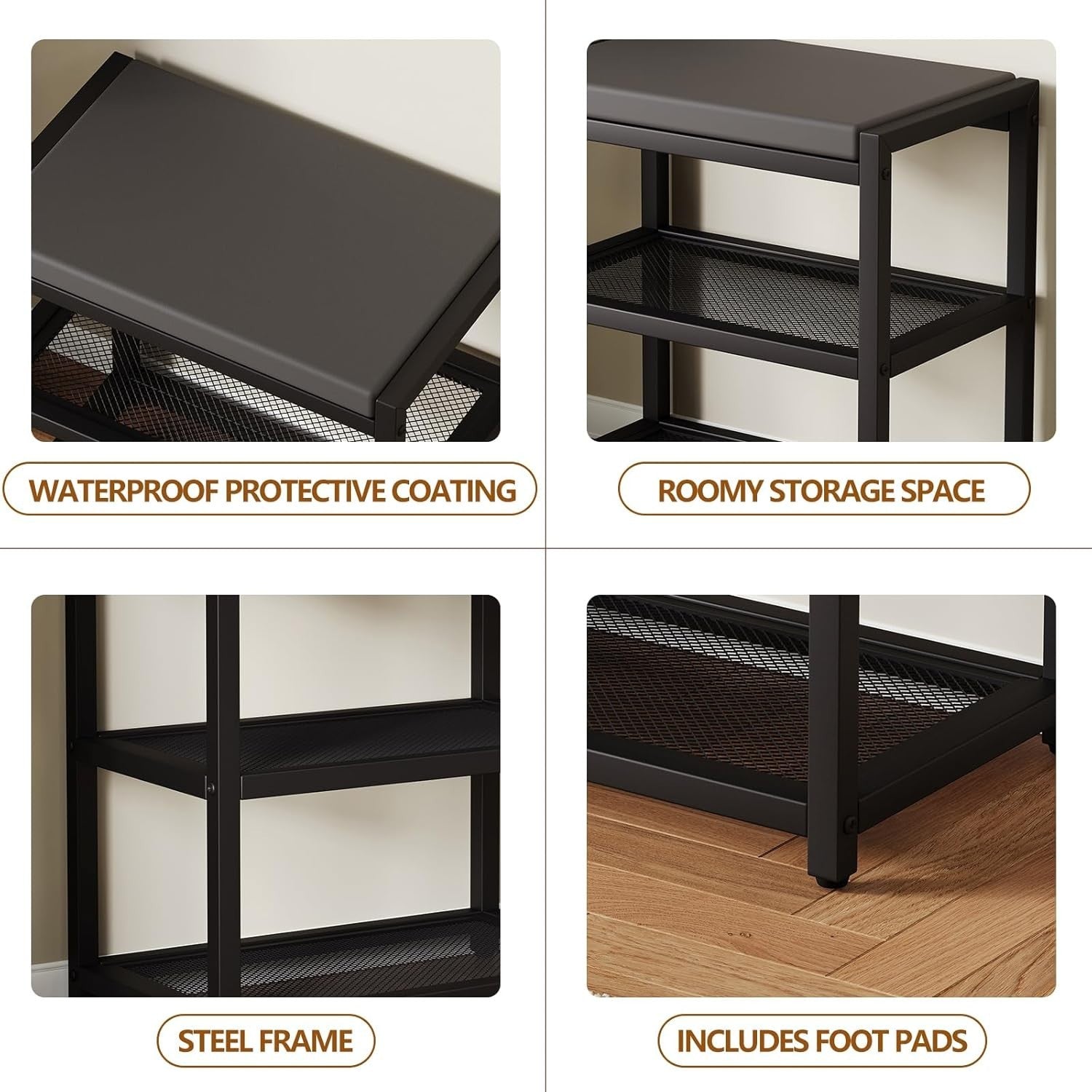 Black Shoe Bench with Cushion & Sturdy Metal Frame, Storage Rack Seat