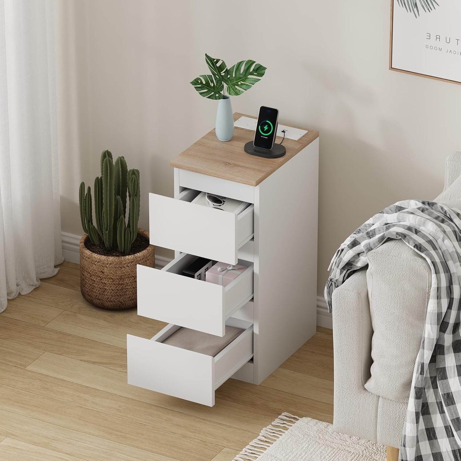 Slim Bedside Table with USB Charging Ports, 3-Drawer Narrow Nightstand White
