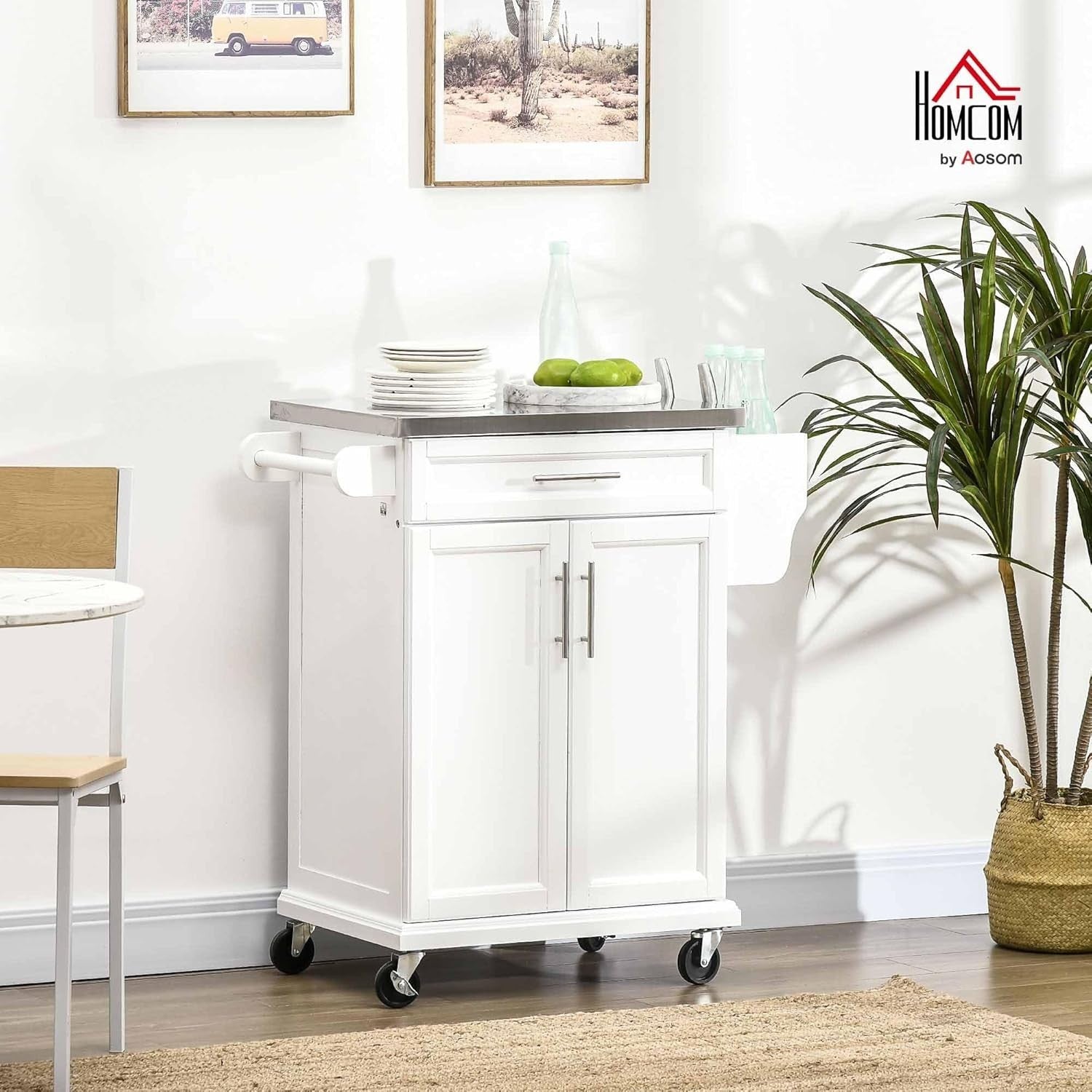 Kitchen Island Cart with Stainless Steel Top, Storage Drawer & Wheels, White