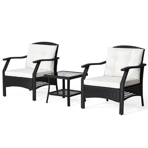 3pc Rattan Bistro Set with Cushions & Glass Table Garden Patio Balcony Set