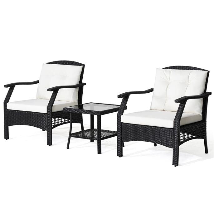 3pc Rattan Bistro Set with Cushions & Glass Table Garden Patio Balcony Set