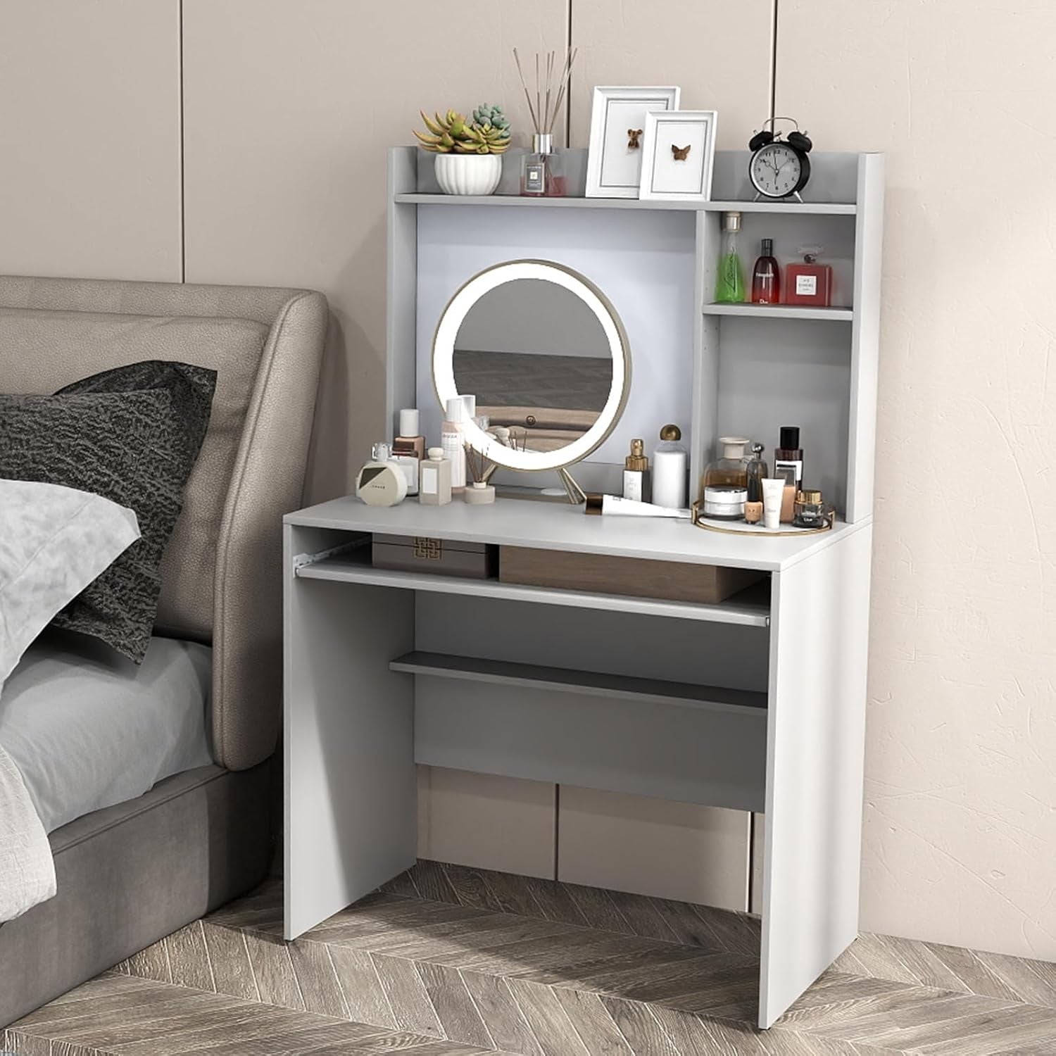 Computer Desk with Hutch Storage Keyboard Tray Study Workstation Grey