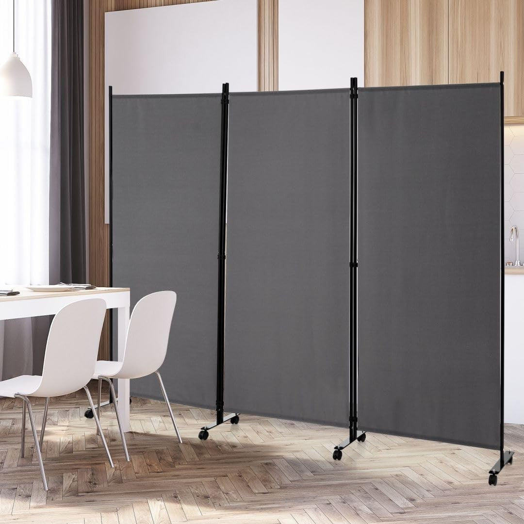 3 Panel Grey Folding Room Divider Privacy Screen on Wheels for Home Office