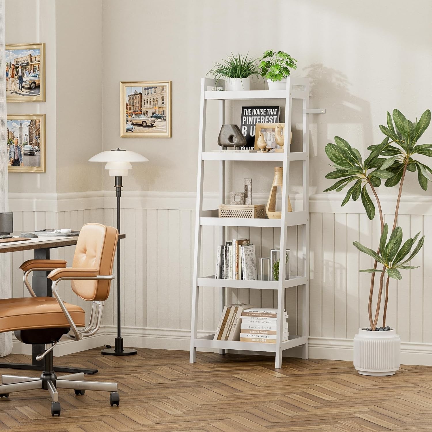 White 5-Tier Ladder Bookcase, Tall Narrow Bamboo Frame Display Storage Shelf