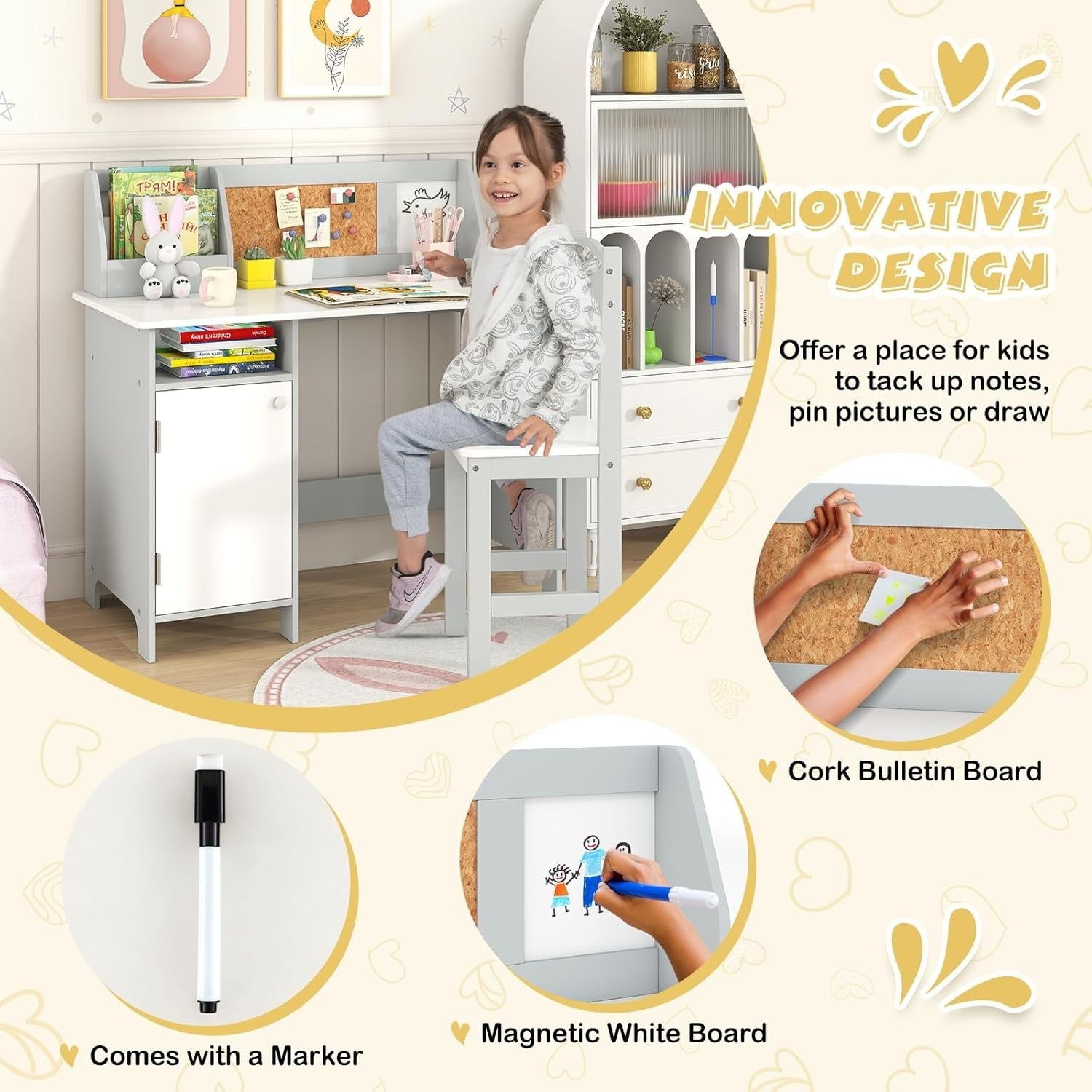 Kids Study Desk & Chair Set with Storage, Cork Board, Ergonomic Comfort