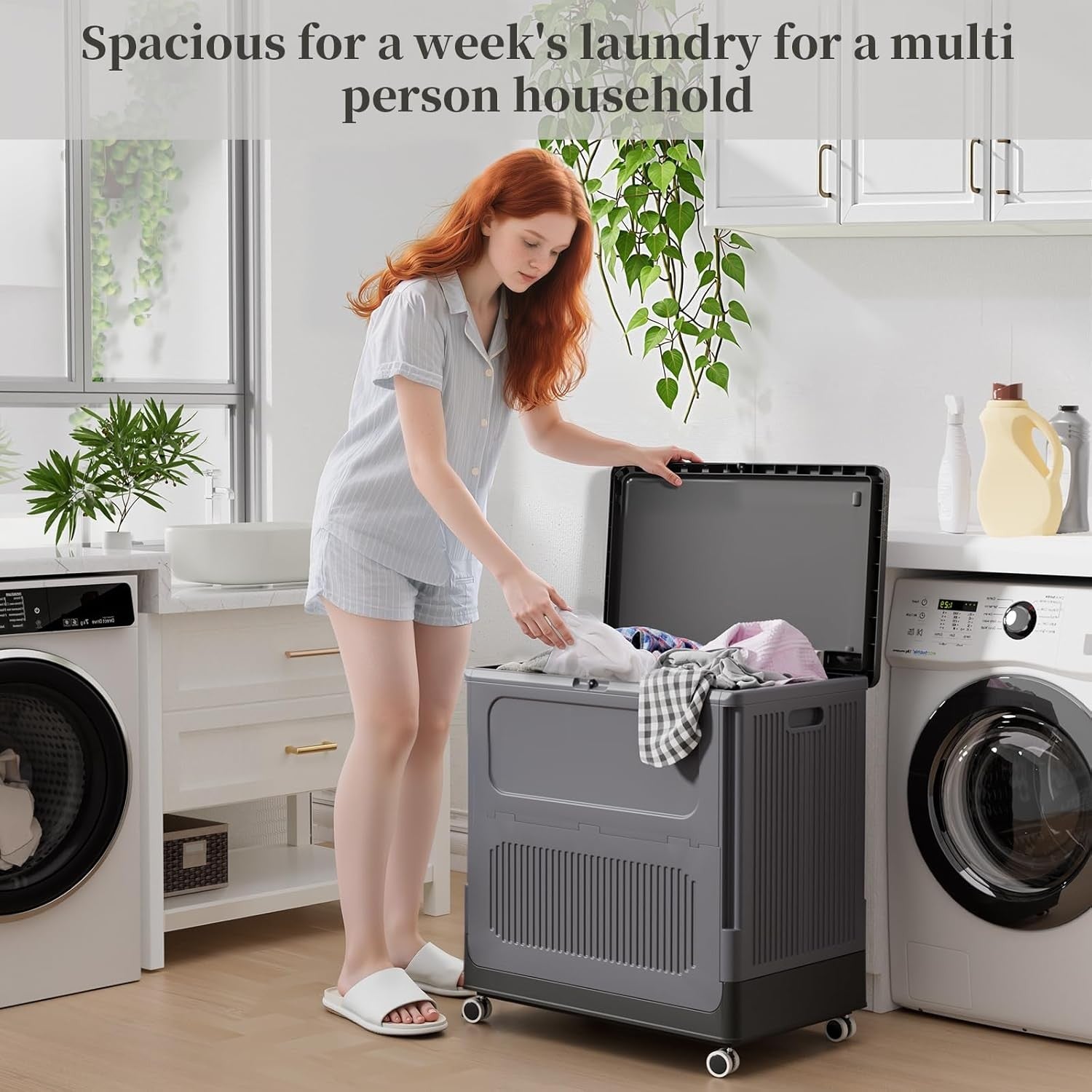 130L Large Laundry Basket with Lid & Wheels | Lockable Rolling Laundry Bin Grey