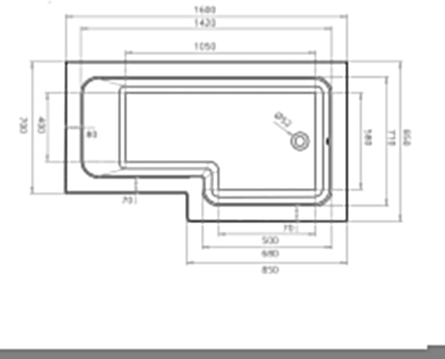 1600x850mm Left-Hand L-Shaped Shower Bath with Glass Shower Screen Acrylic