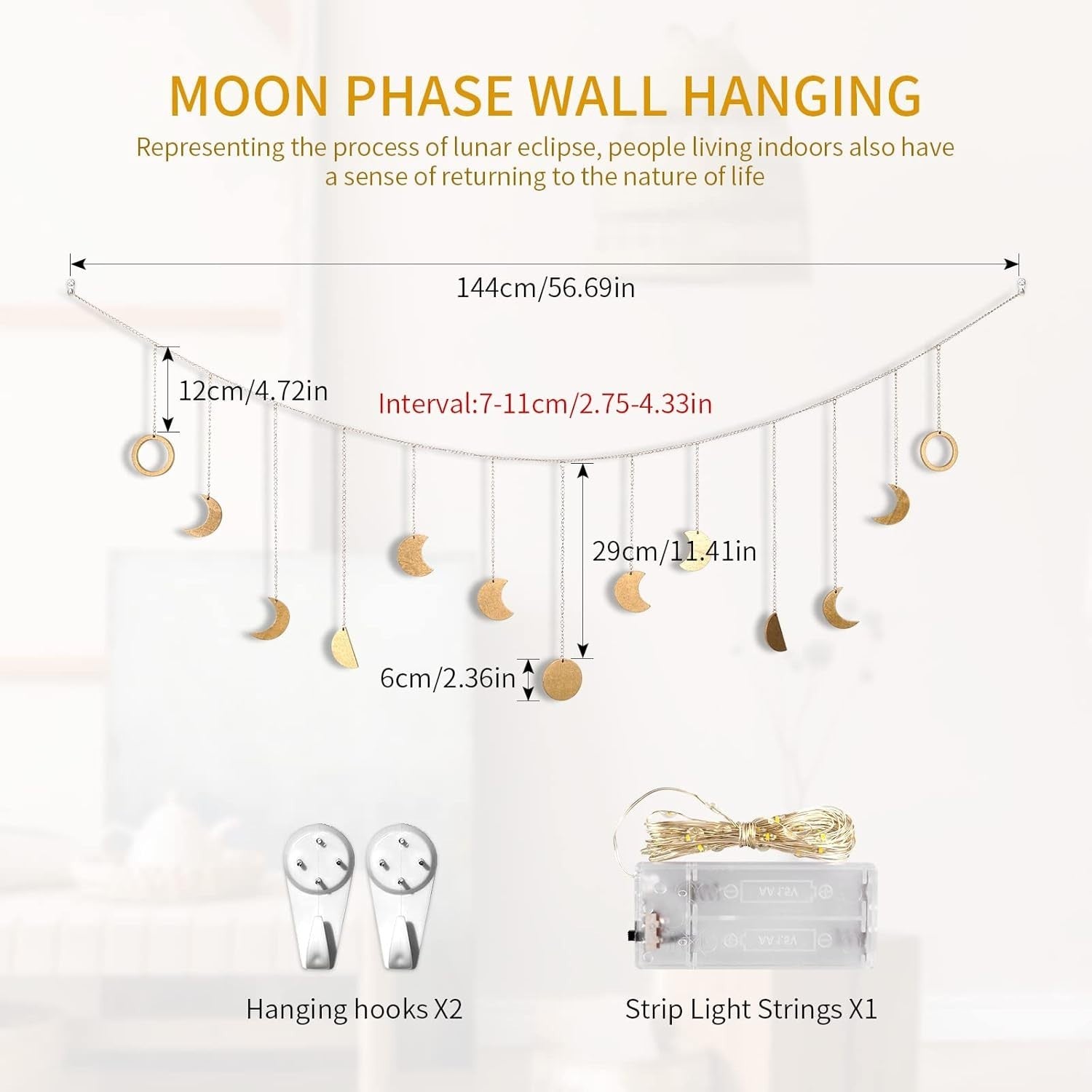 Boho Moon Phase Wall Hanging Garland LED Gold Wood Decor