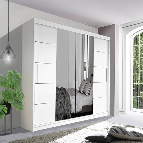 203cm White Sliding Mirror Wardrobe – Large Modern Bedroom Storage Unit