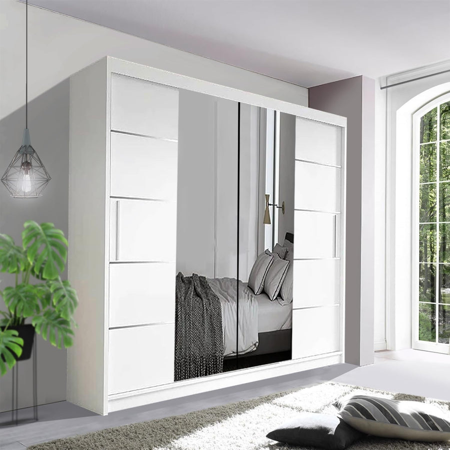 203cm White Sliding Mirror Wardrobe – Large Modern Bedroom Storage Unit